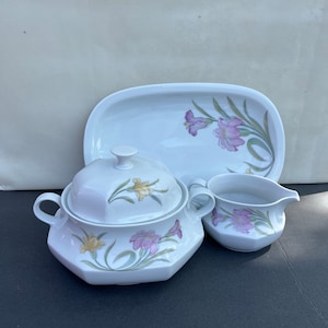 Vintage Set of 3 serving pc-Bavaria Germany -Tureen -Platter-Gravy Bow-Pink Lilies BareutherWaldsassen-Porcelain