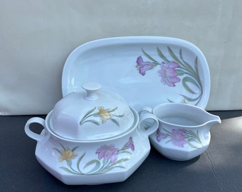 Vintage Set of 3 serving pc-Bavaria Germany -Tureen -Platter-Gravy Bow-Pink Lilies BareutherWaldsassen-Porcelain