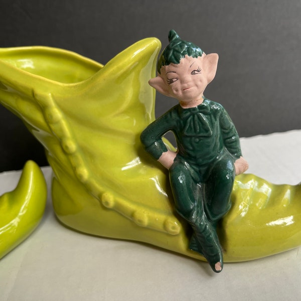 Vintage Elf on Chartreuse Pixie Boot Shoe MCM Art Pottery Planter Figurine