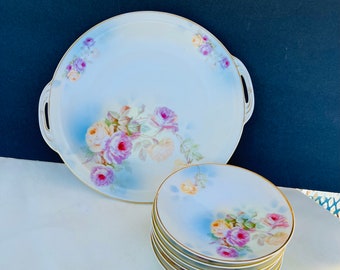 Antique 7pc Prussia-Royal Rudolstadt -Germany Porcelain Cake Plate - Pink English Roses Cake plate plus 6 serving plates