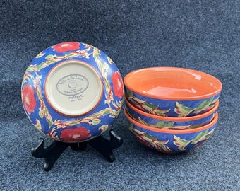 Pfaltzgraff Villa Della Luna Hand-Painted Orange Ceramic Bowls Poppy Floral Design | Set of 4 | Jana Kolpen Mary Tiegreen