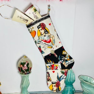 Non traditional tattoo Pinup Beauty rockabilly Embellished Christmas Stocking-Love Lucky -vintage brooches