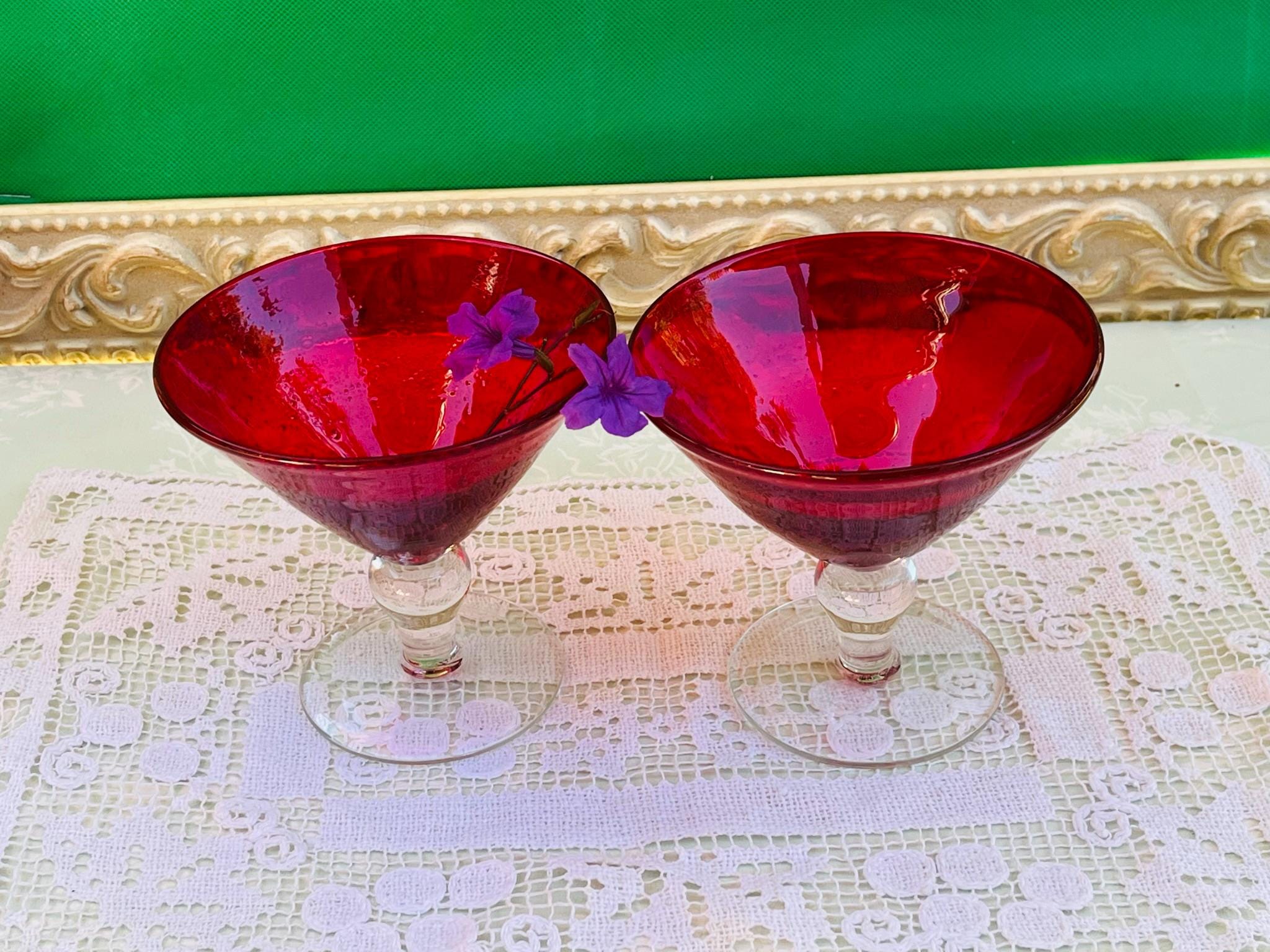 Hand blown-Martini stemmed RUBY RED-Cocktail Art Glass -5"X 4 3/4"-Margarita Glass-Artland