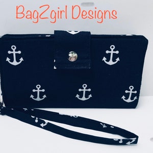 Cartera de mano plegable larga con anclas azul marino hecha a mano náutica