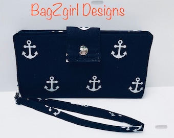 Navy Blue Anchors -Nautical Handmade Long Wallet BiFold Clutch