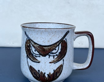 Vintage owl mug speckled hand painted 4” tall large