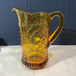 Vintage LG Wright Amber Glass Pitcher: Cherry Wreath, Mid-Century Barware