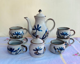 Vintage 8pc Set  Chocolate pot -cups Stoneware- Speckled-hand painted brown.cobalt blue-coffee-tea set