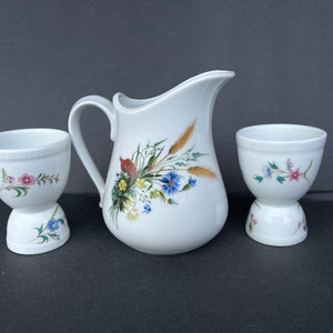 Vintage French Porcelain -Cordon Bleu-Floral Pitcher -Egg cups-BIA