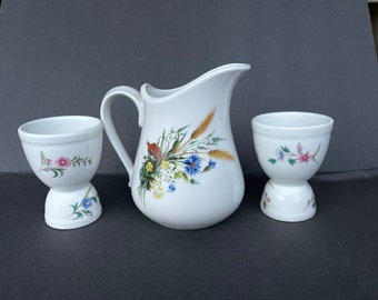 Vintage French Porcelain -Cordon Bleu-Floral Pitcher -Egg cups-BIA