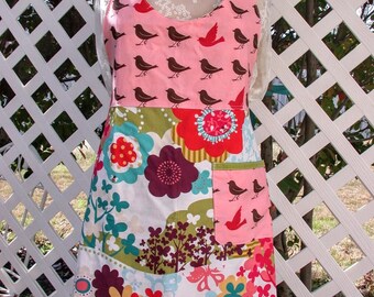 Retro -Reversible  Full Pink Apron -trees-Birds-Butterflies Bubble gum colors-Hostess Apron