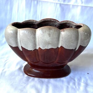 May include: A two-tone ceramic planter with a scalloped rim. The planter is brown with a white upper section. It has a round base and a wide, open bowl shape. The planter is likely for indoor or outdoor use.