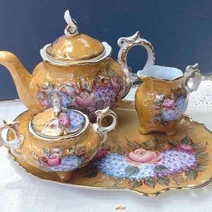 Vintage 4pc -Tea set-Teapot-sugar bowl-Creamer and Tray-Gold trim-Roses and Hydrangeas -Porcelain Handpainted Tea Set