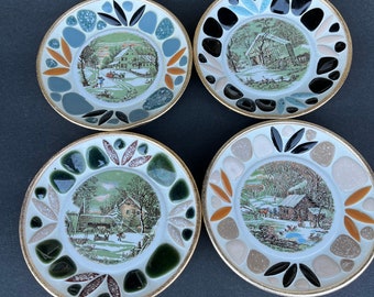 Vintage  4 -Japan Mid-Century Currier and Ives Winter Scene Tile & Mosaic Plates- 5.5"