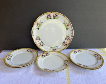 Antique 6pc Noritake Morimura Nippon Porcelain Handled Cake Plate - Irises & Gilt-Cake plate plus 5 serving plates