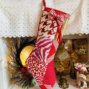 Handmade-Elegant Patchwork-Tapesty- Christmas Stocking-Retro -Holiday Stocking 20" long-Unisex-Cartier-Paris ribbon -Bowtie detail-