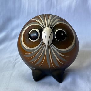 May include: A ceramic owl figurine with a rounded body and small feet. The owl is primarily brown with white, gray, and black accents. The eyes are large and black, and the design has a folk art style.