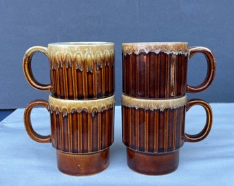 Set of 4 Vintage Brown Drip Glaze Stackable Coffee Cups Mugs Japan 3.5" 1970s