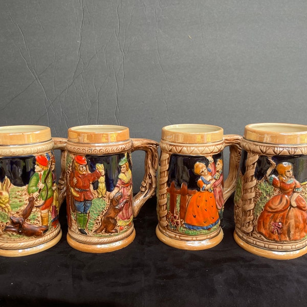 Vintage Beer Stein Mugs , Collectible series- Set of 4 - Made in Japan - Dogs-Bunny-Hunting -Wood scenes