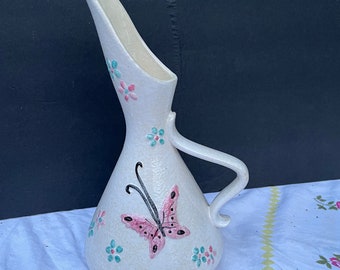 Hull Pottery Butterfly Ewer Vintage 1956 Flowers Pitcher Cottage Pink-13.5"