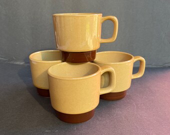 70's Japan MCM-Mustard- Stoneware Matte- Set of 4 Stackable Coffee -Mugs Tea Cups-la Mesa- Japan