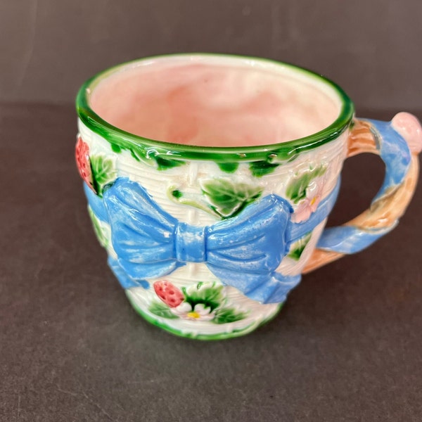 1985 The Haldon Group Teacup  Ribbons & Bows VTG Blue Bows Red Berries-Made in Japan