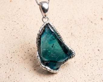 Ciondolo in tormalina indicolite naturale, collana con cristallo blu raro in argento sterling 925, gioiello con gemma verde acqua grezza, pietra portafortuna di ottobre, regalo