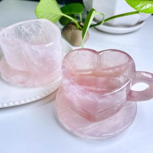 1Pcs Natural Rose Quartz Coffee Cup Set, Crystal Couple Heart Cups, Hand-carved Crystal Tea Cup, Home Decor, Anniversary Gift