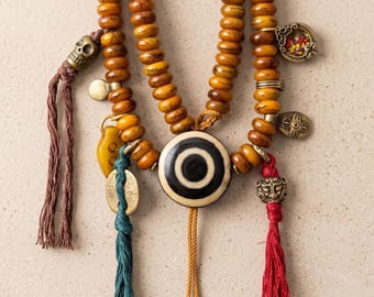 Perla Dzi himalayana a 3 occhi, distanziatore in agata incisa, perline totem per la creazione di collane mala, forniture per gioielli etnici con geometria, idea regalo.