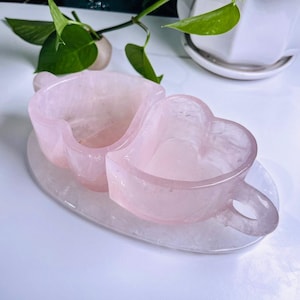 Natural Rose Quartz Coffee Cup Set, Crystal Couple Heart Cups, Hand-carved Crystal Tea Cup, Home Decor, Anniversary Gift, Christmas Gift
