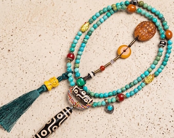 Collana con perline Dzi a 9 occhi, amuleto vintage in agata con turchese, ciondolo a forma di elefante in bronzo, gioiello Mala con pietre naturali