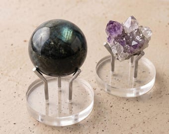 Mineralenstandaard met drie metalen poten en acryl voet, schuine kristallen sokkelhouder voor bollen en eieren, unieke geschenkdoos voor mineralenverzamelaars