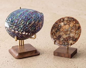 Supporto per piatti in noce fatto a mano, cavalletto in ottone per fossili e grandi geodi, porta piatti decorativo, supporto da tavolo per cartelli, accessori per la fotografia