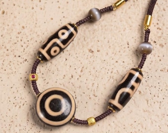 Collana con ciondolo a forma di occhio tibetano Dzi, autentico gioiello in agata naturale, talismano con cordino intrecciato a mano, regalo per lui e per lei