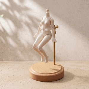 Luxury Brass Metal Doll Stand, Walnut Wood Base Show Stand, Telescoping Adjustable Holder for Art Dolls, Heavy Figurine Base