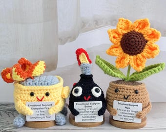 Handmade Crochet F-Bomb/Dumpster Fire/Sunflower,Emotional Support,Stress Relief,Mother's Day Gift,Funny Desk Decor,Unique Gift Idea