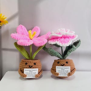 May include: Two crocheted pink flower plants in brown pots with smiling faces. Each pot has a sign that reads "Emotional Support Plant. Life can be tough sometimes, but remember so are you!"