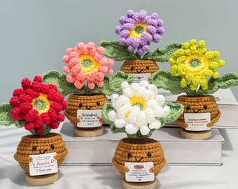 Adorable Crochet Gerbera Daisy Flowers,Knitted Flower Pot with Positive Quote,Thanksgiving Christmas Gift for Mom Grandma Aunt,Thank you Mom