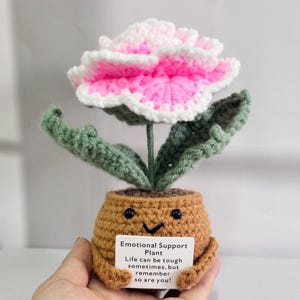 May include: A crocheted pink and white flower with green leaves in a brown pot with a smiling face. The pot is holding a card that reads "Emotional Support Plant Life can be tough sometimes, but remember so are you!"