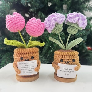 May include: Two crocheted flower pots with smiling faces holding signs. The pink flower pot says "Emotional Support Plant Life can be tough sometimes, but remember so are you!" The purple flower pot says "Thank you for helping me grow".