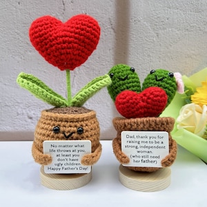 May include: Two crocheted plant pots with hearts and messages. The first pot has a green plant with a red heart and says "No matter what life throws at you, at least you don't have ugly children. Happy Father's Day!" The second pot has two green cacti with a red heart and says "Dad, thank you for raising me to be a strong, independent woman. (who still need her father)"