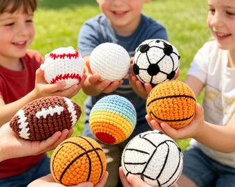 Crochet Hacky Sack Ball Set,Football Basketball Rugby Tennis Volleyball Rainbow Ball,Handmade Fidget Toy,Sport,Juggling,Sensory Toy for Kids