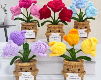 Adorable Handmade Crochet Blooming Tulips,Crochet Tulip in Pot,Emotional Support Plant,Christmas Gift for Parents/Teacher/Friends,Desk Decor