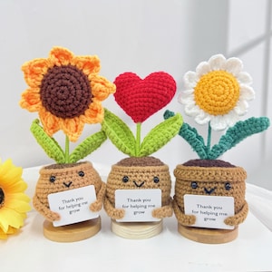 Adorable Thank you for Gifts Set-Helping me Grow Pot-Handmade Crochet Sunflowers/Heart/Daisy-Thank you Gifts-Valentine&#39;s Day gift-Desk Decor