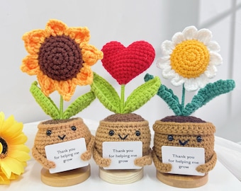 Adorable Thank you for Gifts Set-Helping me Grow Pot-Handmade Crochet Sunflowers/Heart/Daisy-Thank you Gifts-Mother's Day Gift-Desk Decor
