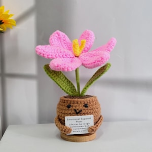 May include: A crocheted pink flower with green leaves in a brown pot with a smiling face. The pot is holding a card that reads "Emotional Support Plant Life can be tough sometimes, but remember so are you!"