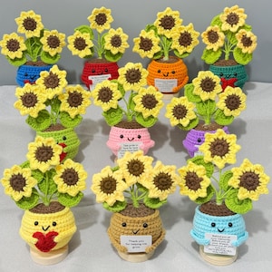May include: A collection of handmade crochet sunflower arrangements in various colors, including yellow, green, blue, orange, and pink. Each pot has a smiling face and a small message. The sunflowers have yellow petals and brown centers.