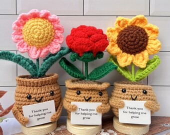 3PCS Adorable Emotional Support Gift Set-Handmade Crochet Flowers-Sunflower/Rose/Daisy-Helping me grow pot-Thank you Gift-Crochet Desk Decor