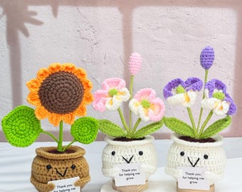 Handmade Crochet Sunflower with Phalaenopsis,Crochet Moth Orchids,Crochet Potted Plant,Christmas Gift for Mom/Teachers/Colleagues,Desk Decor