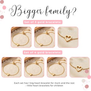 May include: Gold heart bracelets for families. The image shows sets of gold bracelets, with a larger heart for the mom and smaller hearts for the children. Text reads "Bigger family?" and "Set of 3 gold bracelets:" and "Set of 4 gold bracelets:"